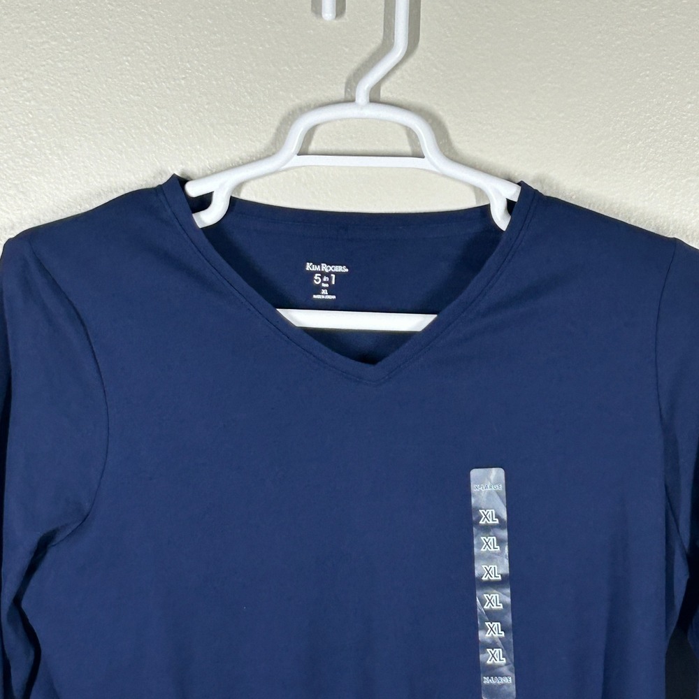 Kim Rogers Navy Blue 100% Cotton 5 in 1 V-Neck Long Sleeve Tee Shirt XL NEW